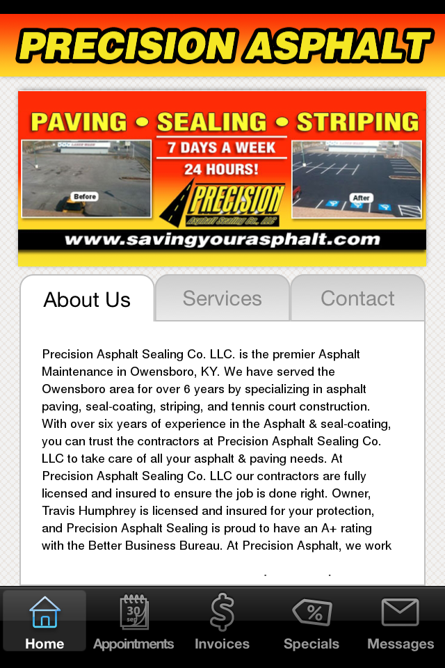 Precision Asphalt Sealing Co. LLC's apple app home screen Precision Asphalt Sealing Co. LLC's apple app home screen